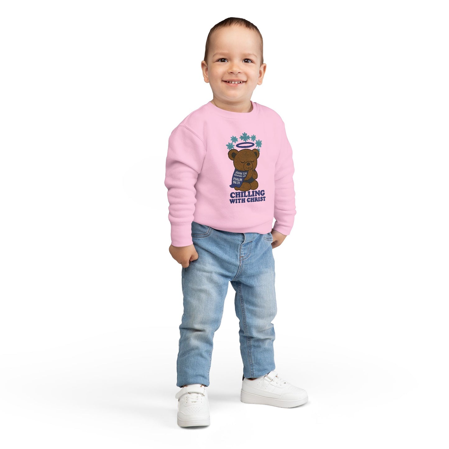 Toddler Christian Sweatshirt with Bear Design, Cute Kids Birthday Gift, Cozy Religious Apparel for Toddlers, Perfect for Christmas, Baptism