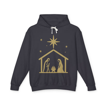 Nativity Scene Hoodie — Gold Minimalist Christmas Manger Sweatshirt