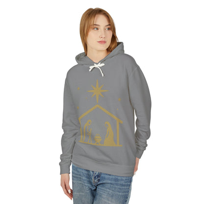 Nativity Scene Hoodie — Gold Minimalist Christmas Manger Sweatshirt