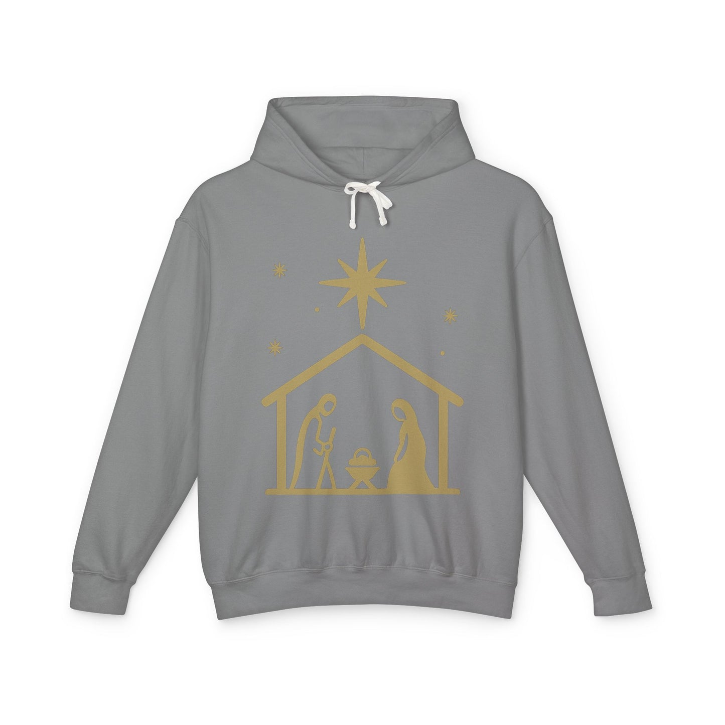 Nativity Scene Hoodie — Gold Minimalist Christmas Manger Sweatshirt