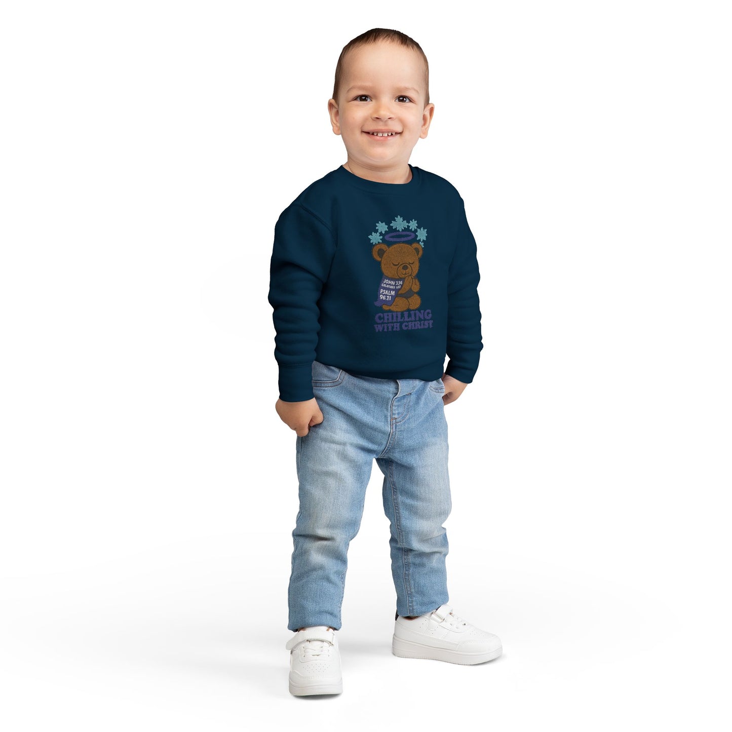 Toddler Christian Sweatshirt with Bear Design, Cute Kids Birthday Gift, Cozy Religious Apparel for Toddlers, Perfect for Christmas, Baptism