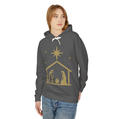 Nativity Scene Hoodie — Gold Minimalist Christmas Manger Sweatshirt
