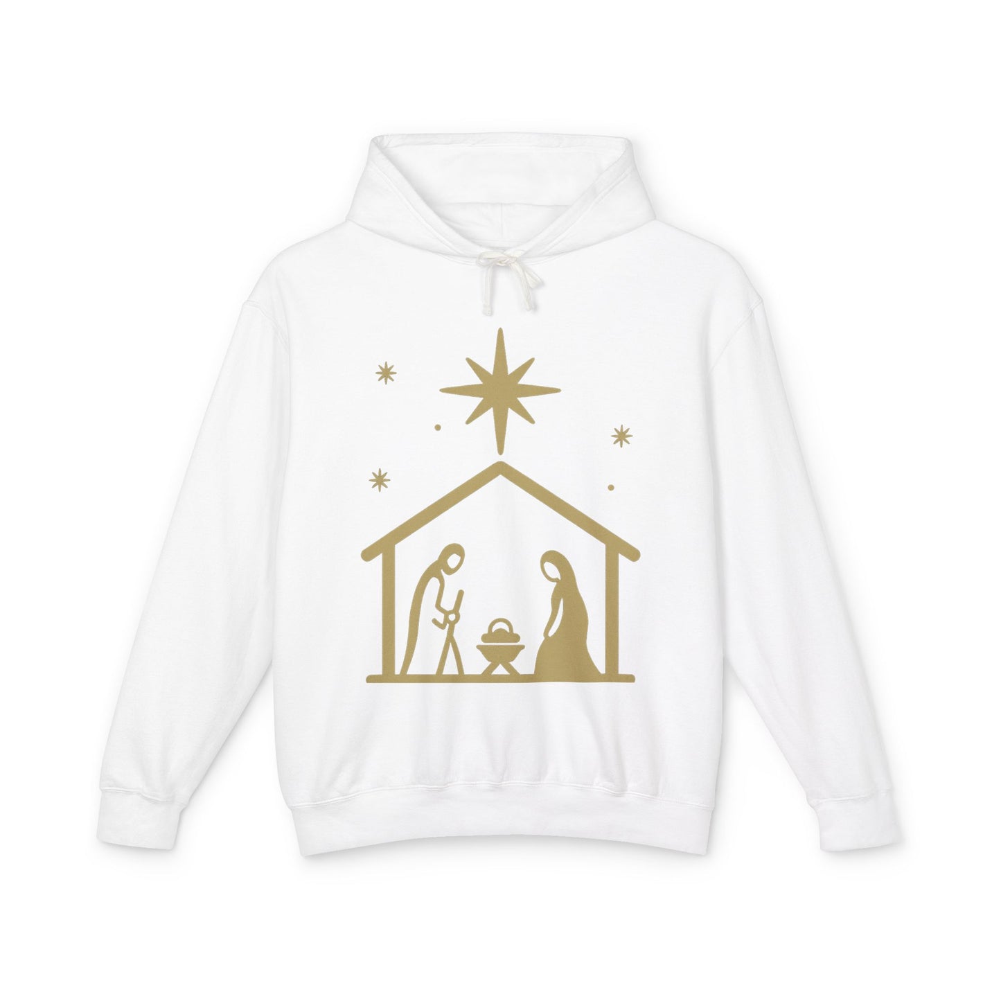 Nativity Scene Hoodie — Gold Minimalist Christmas Manger Sweatshirt