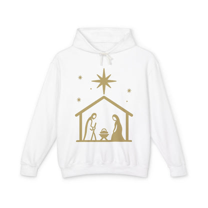 Nativity Scene Hoodie — Gold Minimalist Christmas Manger Sweatshirt