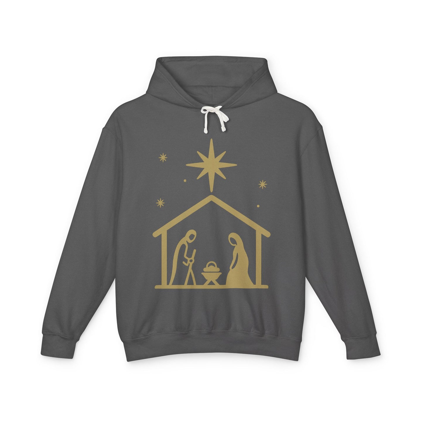 Nativity Scene Hoodie — Gold Minimalist Christmas Manger Sweatshirt