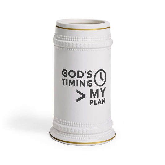 God's Timing Ceramic Beer Stein Mug, Unique Gift, Inspirational Drinkware, Home Bar Decor, Christian Mugs, Motivation
