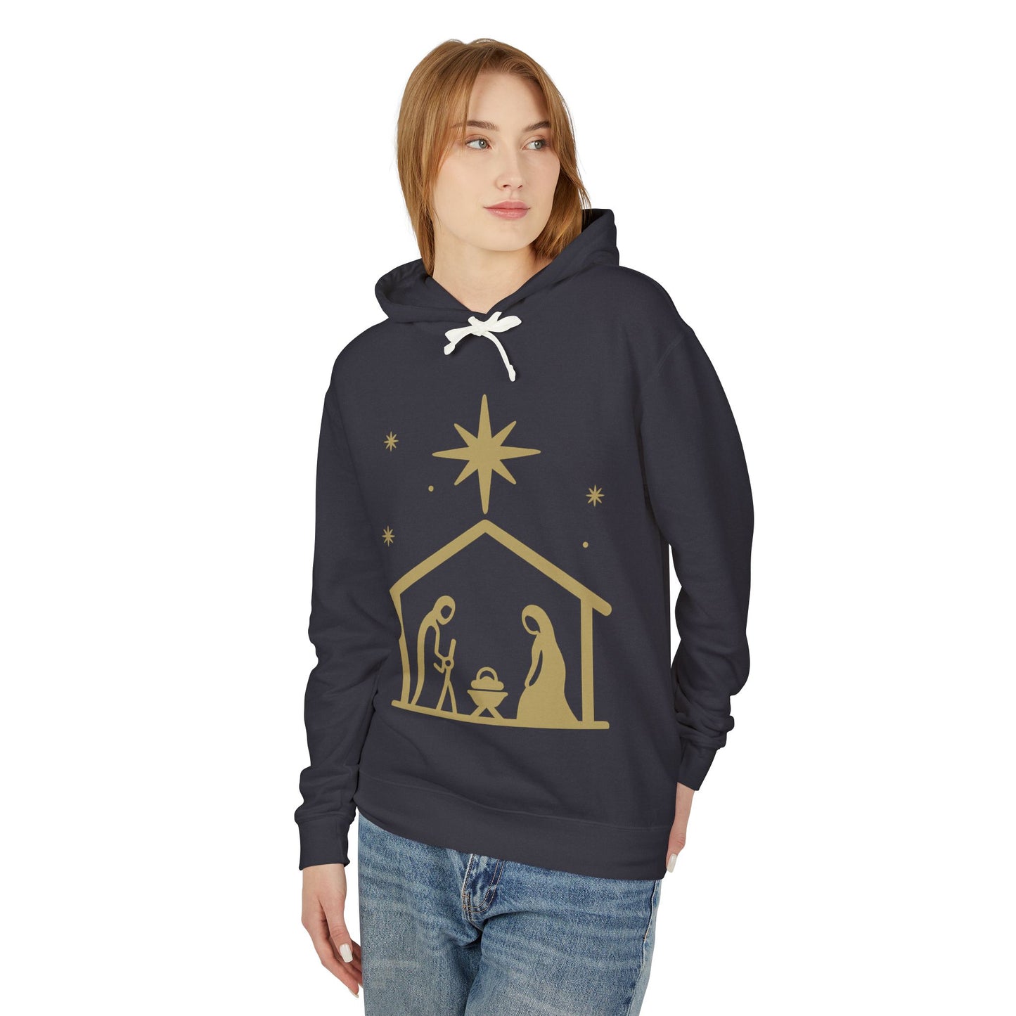 Nativity Scene Hoodie — Gold Minimalist Christmas Manger Sweatshirt