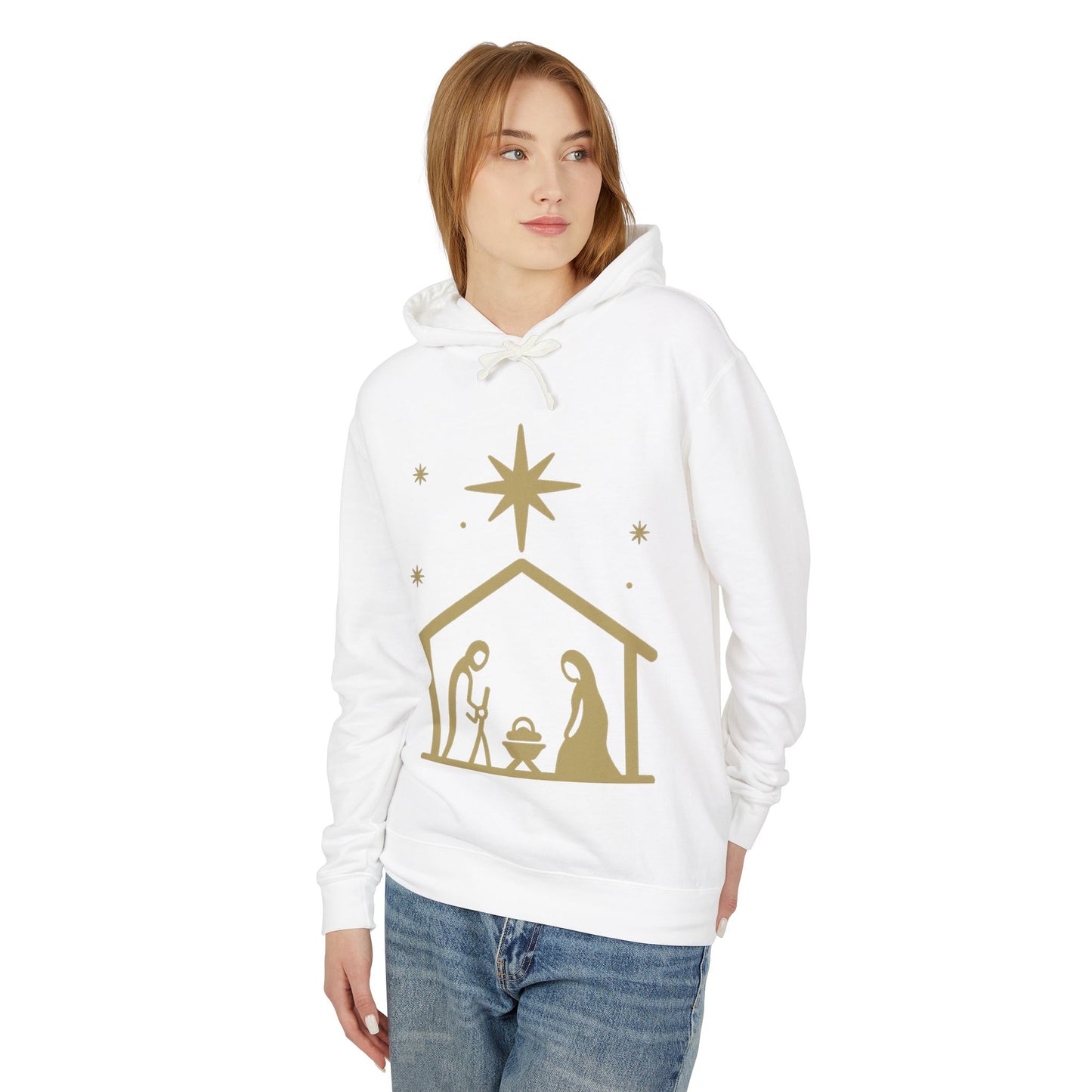 Nativity Scene Hoodie — Gold Minimalist Christmas Manger Sweatshirt