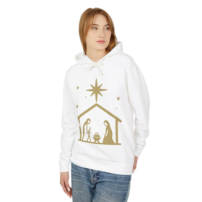 Nativity Scene Hoodie — Gold Minimalist Christmas Manger Sweatshirt