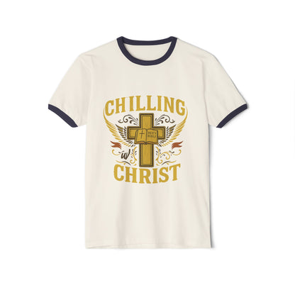 Chilling Christ Unisex Cotton Ringer T-Shirt, Faith Shirt, Christian Tee, Casual Cross Top, Inspirational Gift, Summer Style