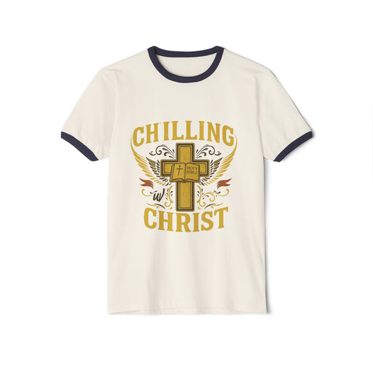 Chilling Christ Unisex Cotton Ringer T-Shirt, Faith Shirt, Christian Tee, Casual Cross Top, Inspirational Gift, Summer Style