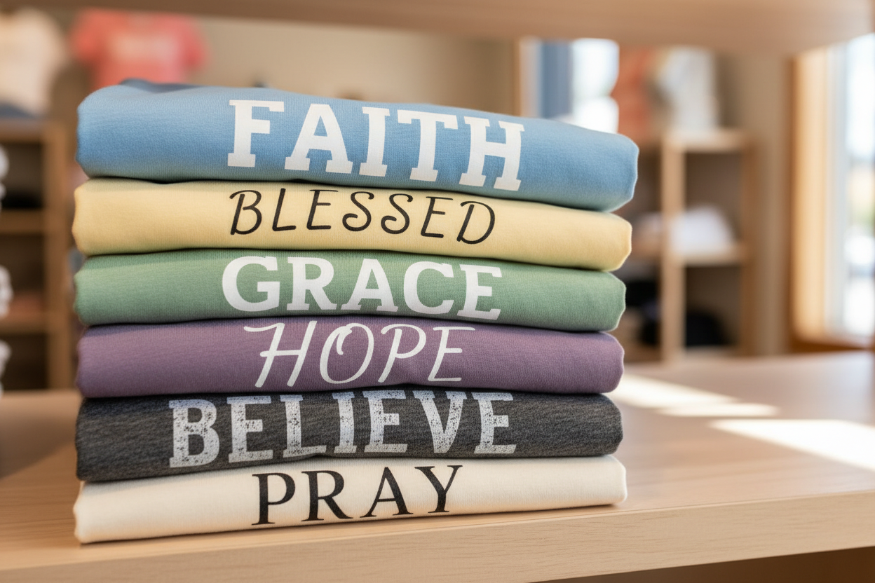 image of tshirts that are stacked showing faith based words